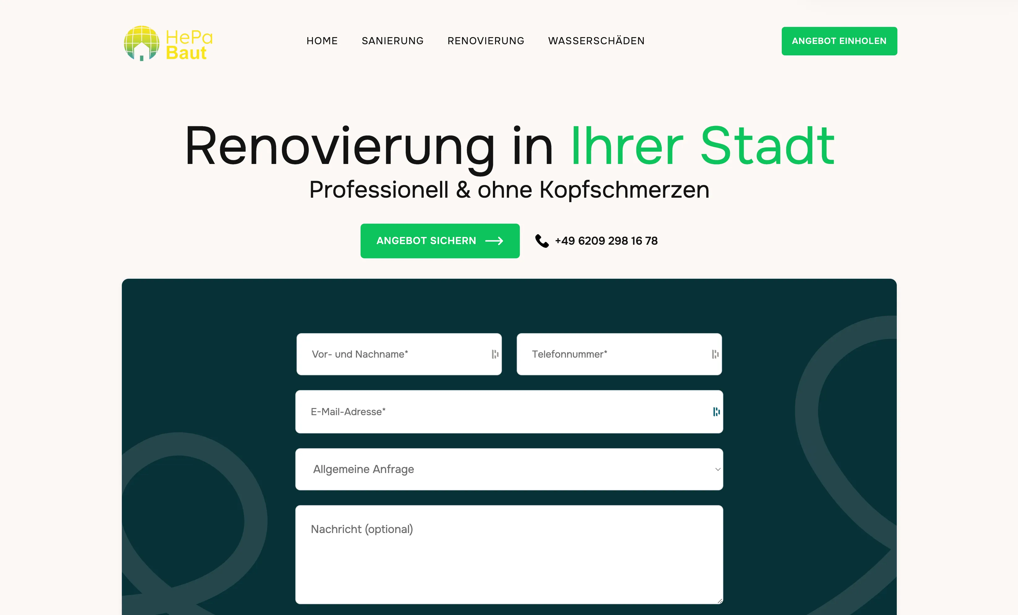 Screenshot der Renovierung-Seite von HEPA Baut