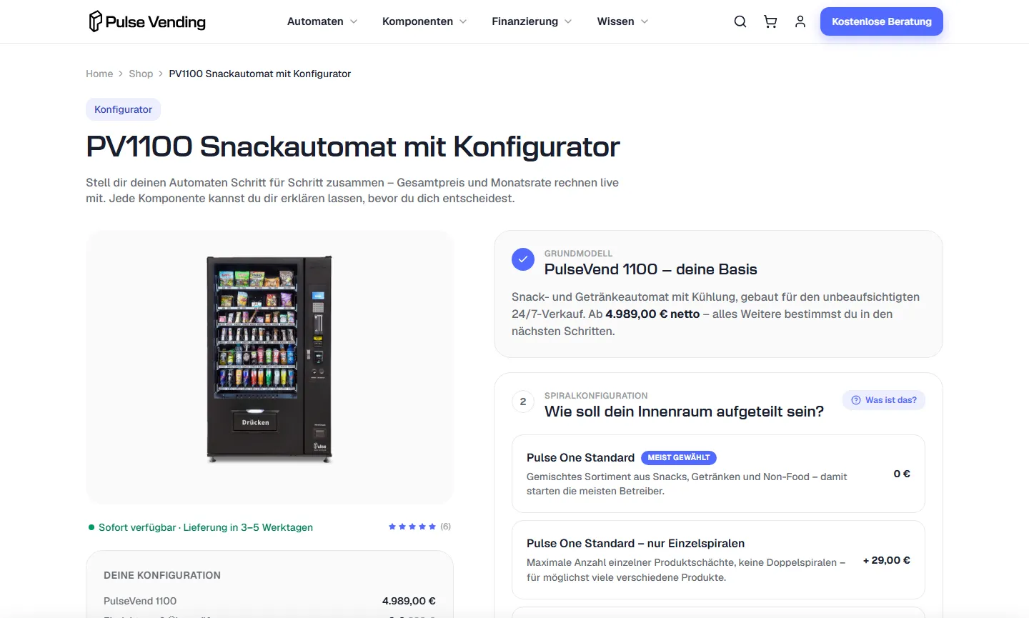 Produktseite mit Konfigurator – Pulse Vending
